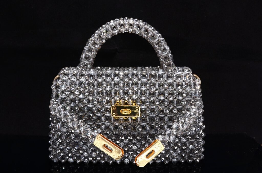 Gray Crystal Beaded Kelly Bag with Open Lock