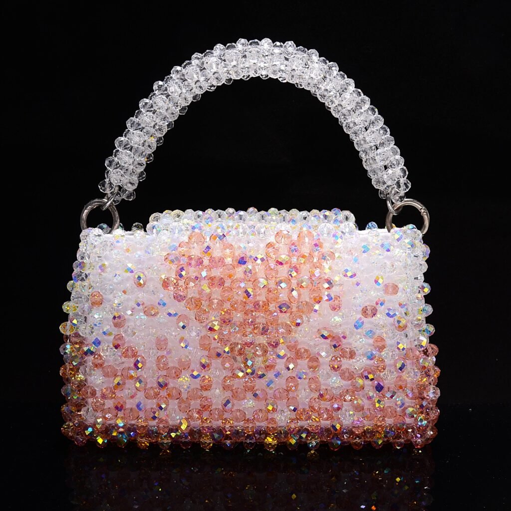 Heart Flap Beaded Bag in Pink with Crystal Heart Accent