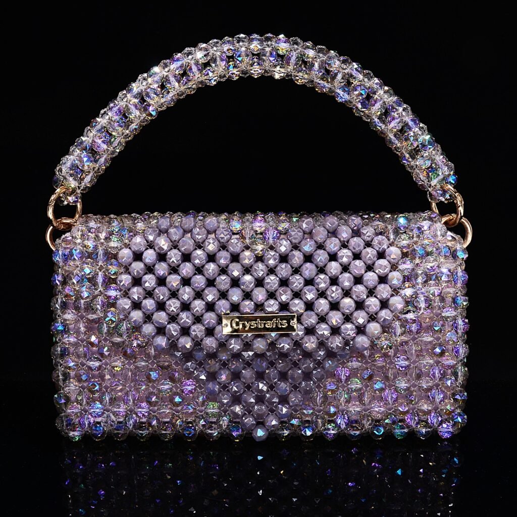 Heart Pattern Crystal Beaded Handbag with Beaded Handle