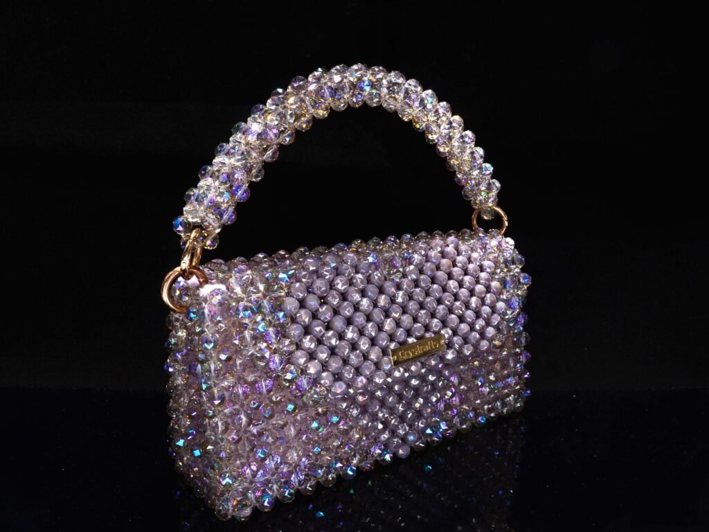 Heart Pattern Crystal Beaded Handbag with Beaded Handle