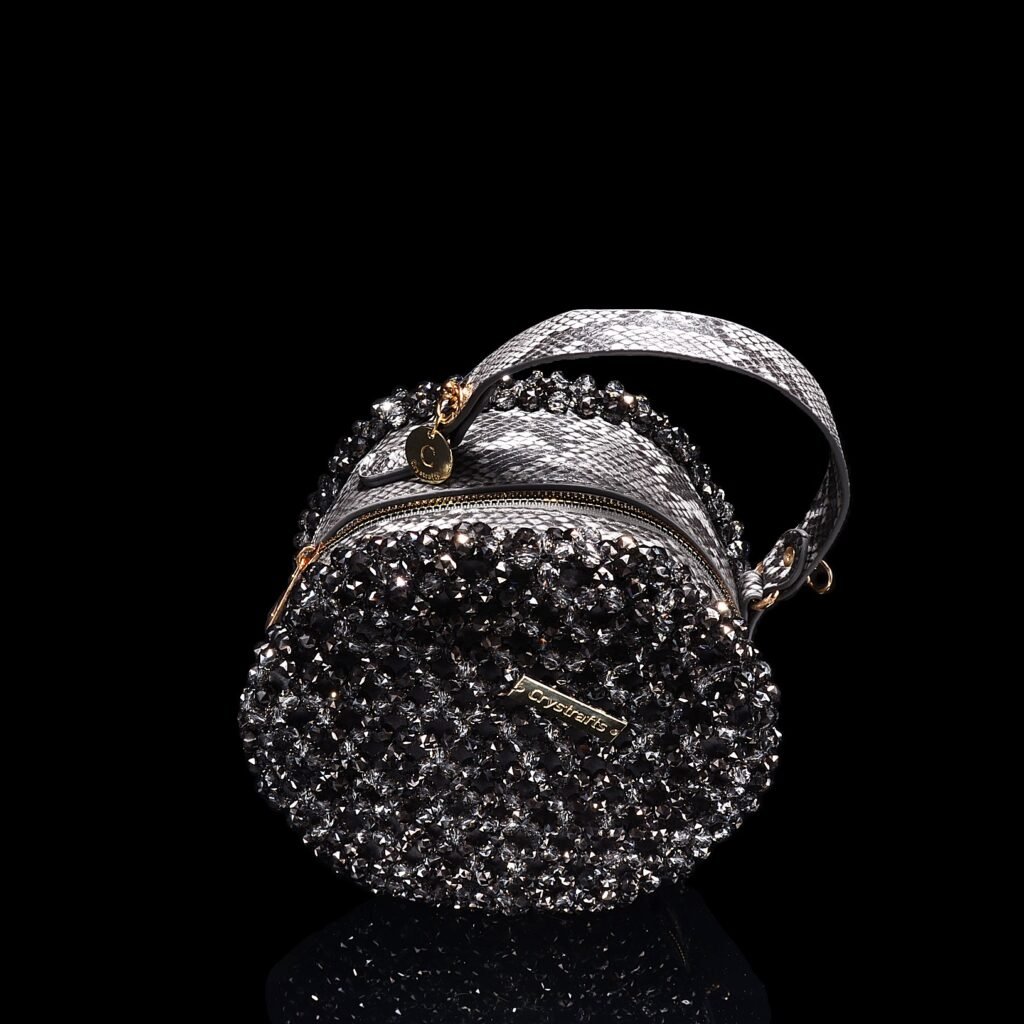 Top View of Handmade Snakeskin Crystal Round Bag with Leather Body