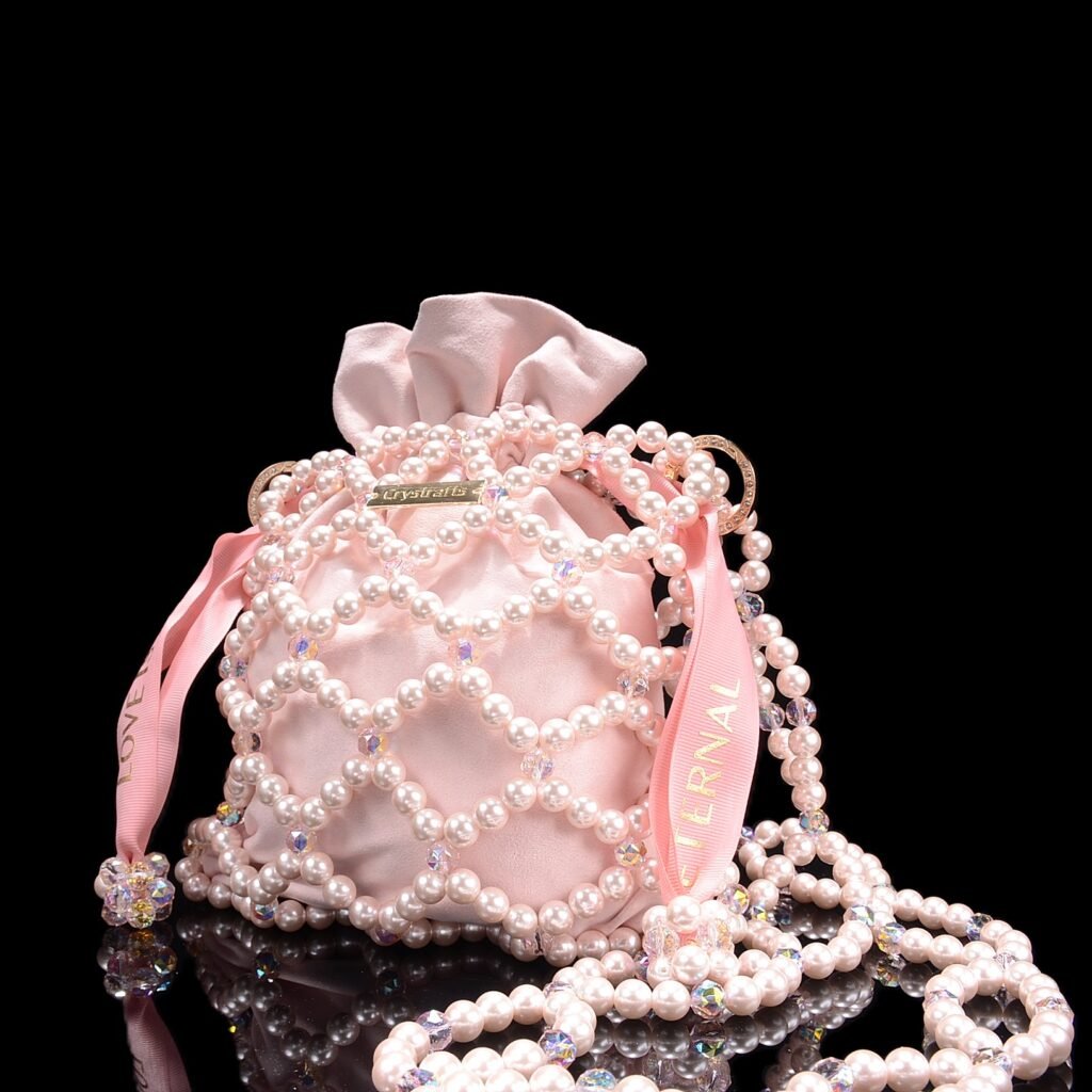 Handmade Pearl & Crystal Beaded Net Bag in Pink