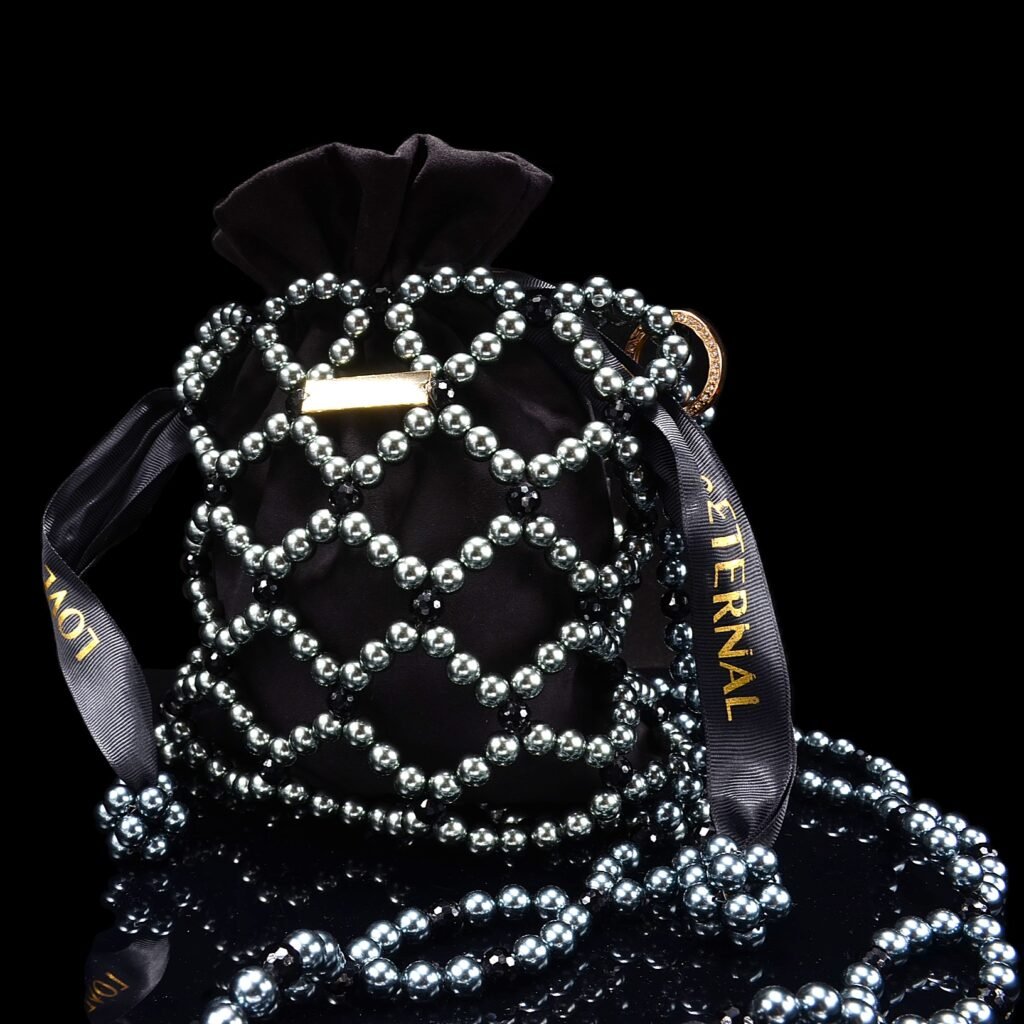Handmade Pearl & Crystal Beaded Net Bag in Black