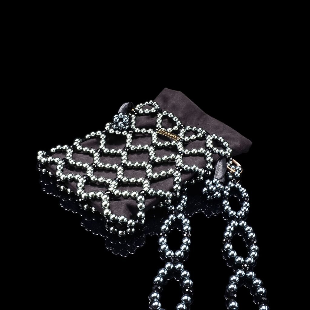 Handmade Pearl & Crystal Beaded Net Bag in Black Side View