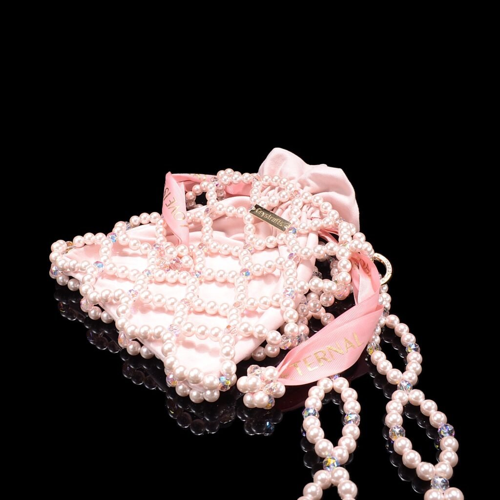 Handmade Pearl & Crystal Beaded Net Bag in Pink Side View