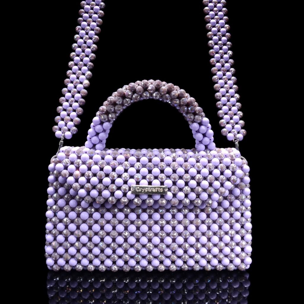Purple Crystal Beaded Envelope Handbag with Wide Shoulder Strap