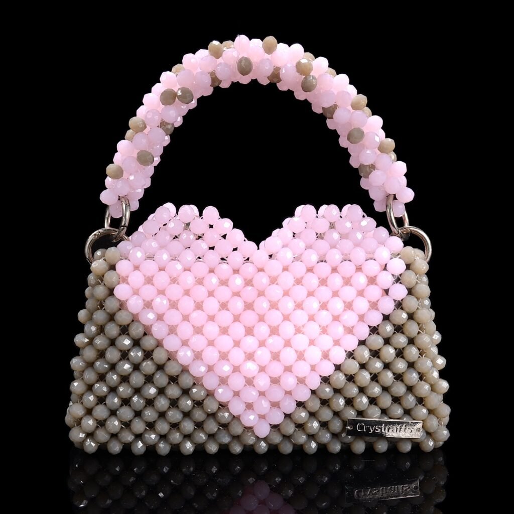 Heart Pattern Beaded Handbag with Pink Heart Design