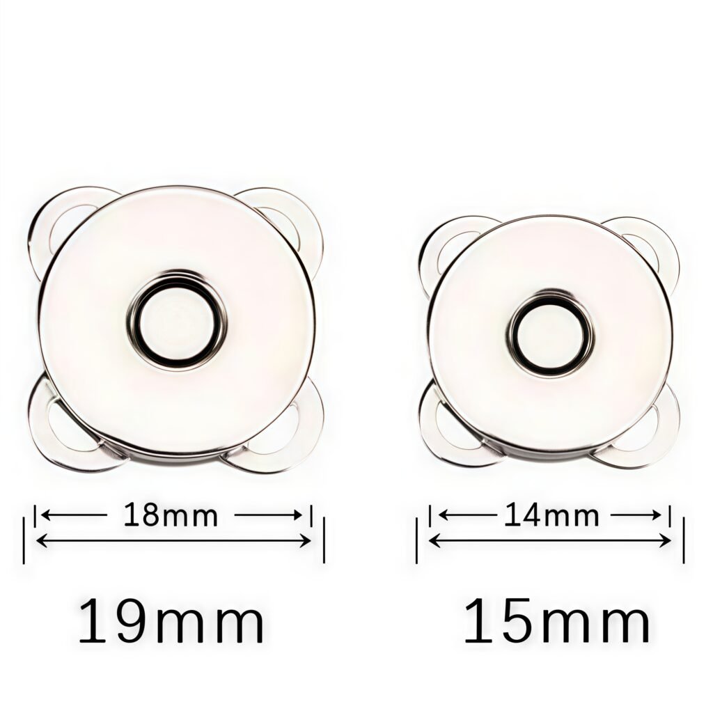 Magnetic snap buttons size chart showing 14mm and 18mm options for DIY bags