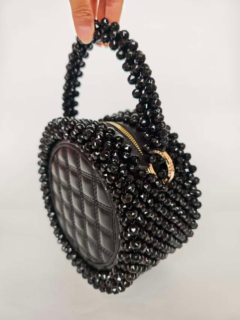 Black Handmade Beaded Disc Bag with Crystal Beads and Zipper Closure