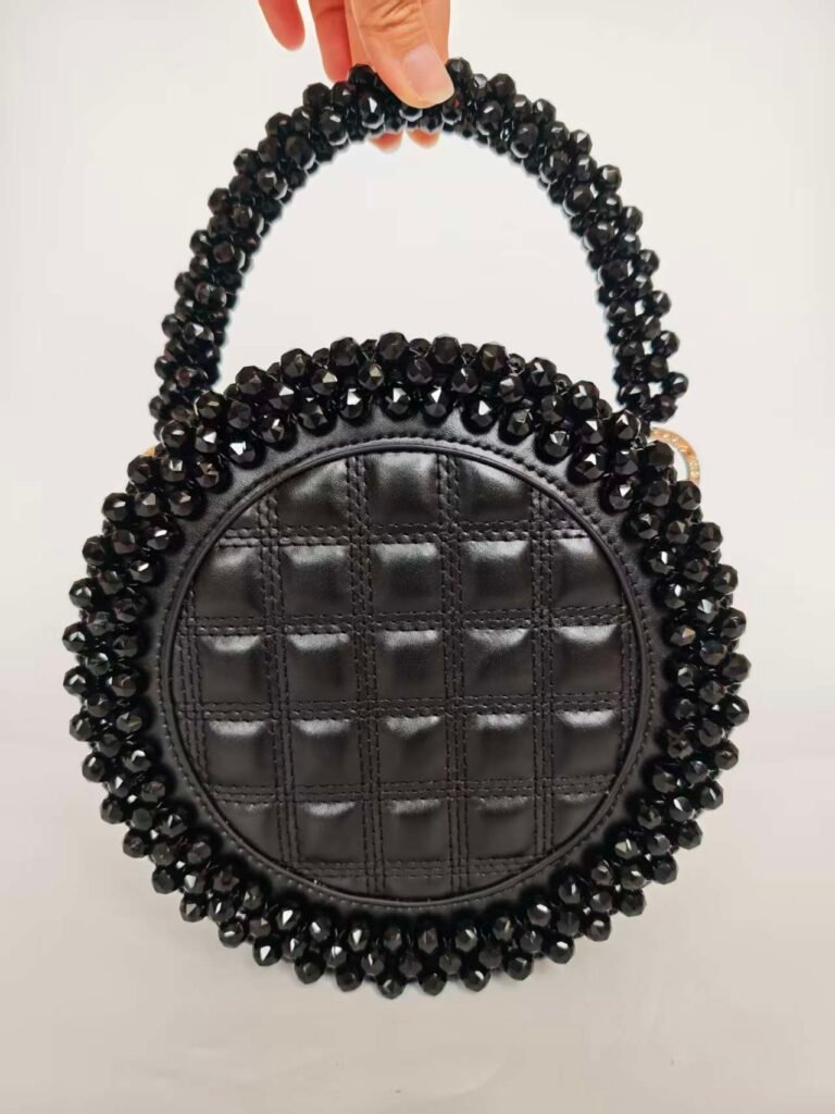 Handmade Beaded Disc Bag in Black with Quilted Leather Panels