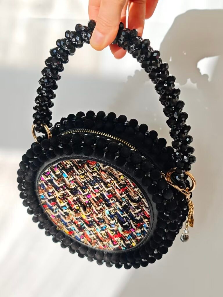 Black Fabric Handmade Beaded Disc Bag with Crystal and Velvet Beads With Zipe