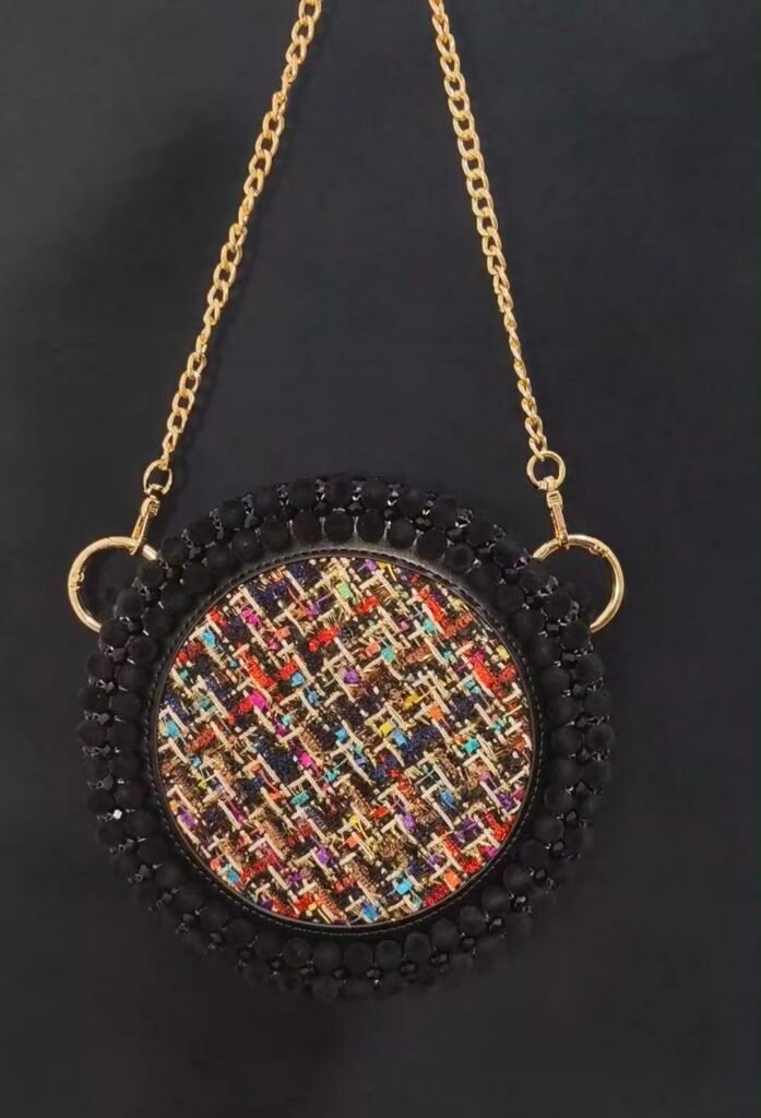Black Fabric Handmade Beaded Disc Bag with Crystal and Velvet Beads