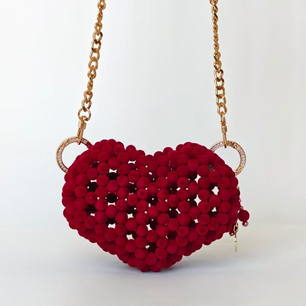 Handmade 3D Heart Bag with Flocked Beads and Rhinestone Clasp