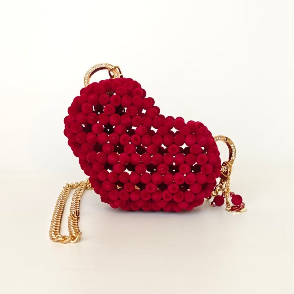 Handmade 3D Heart Bag with Flocked Beads and Rhinestone Clasp