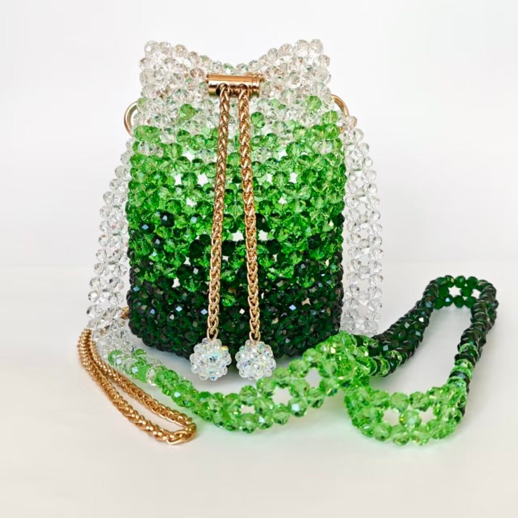 Green Crystal Beaded Bucket Bag with Drawstring Chain