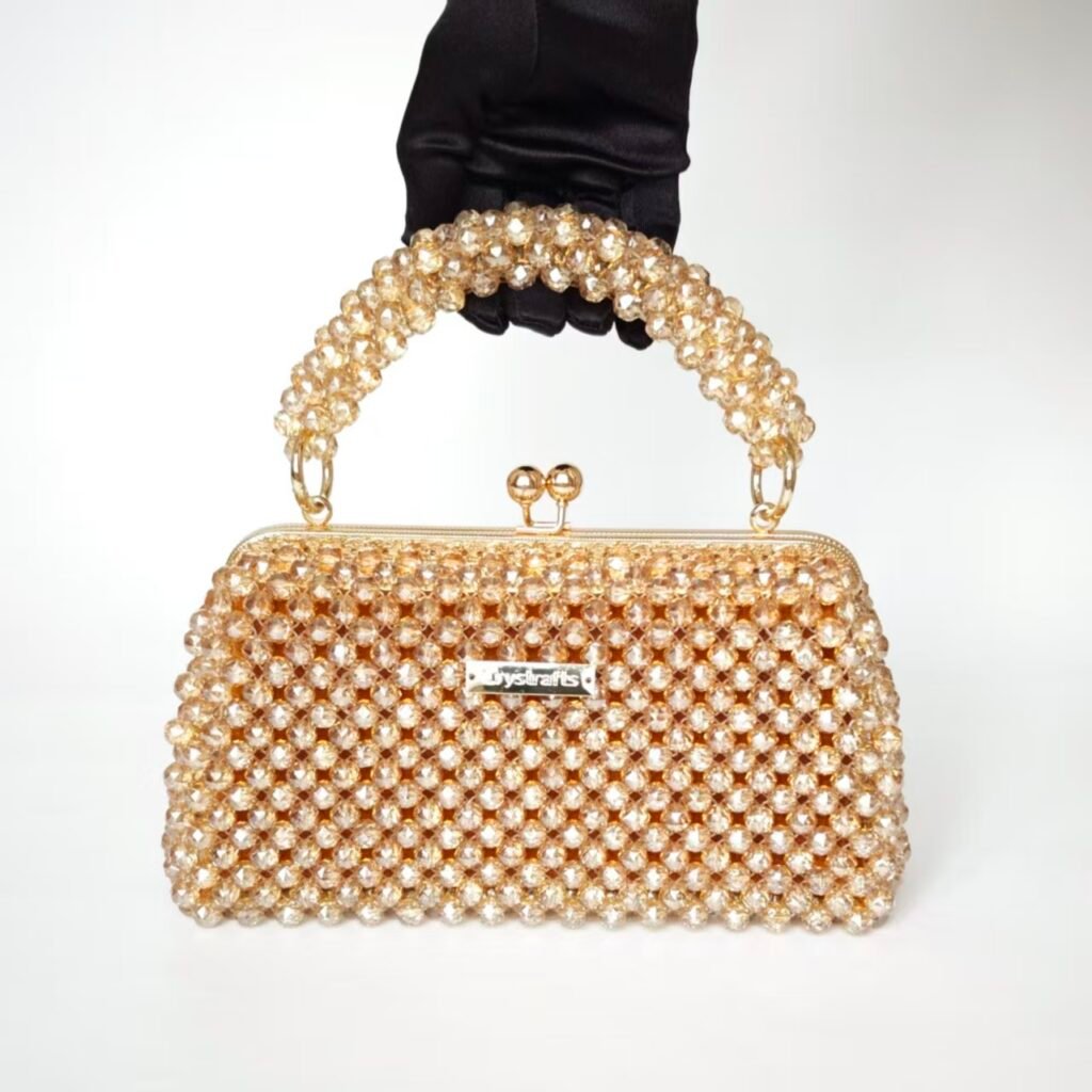 Slim Crystal Moon Bag in Champagne Gold 10mm Floral-Carved Beads
