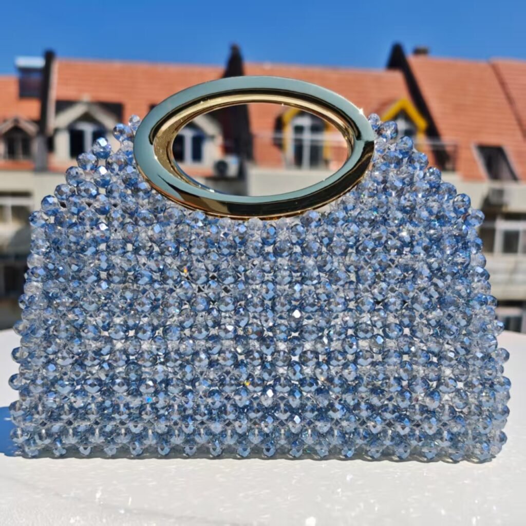 Crystal Beaded Oval Handle Bag Front View in Sunlight