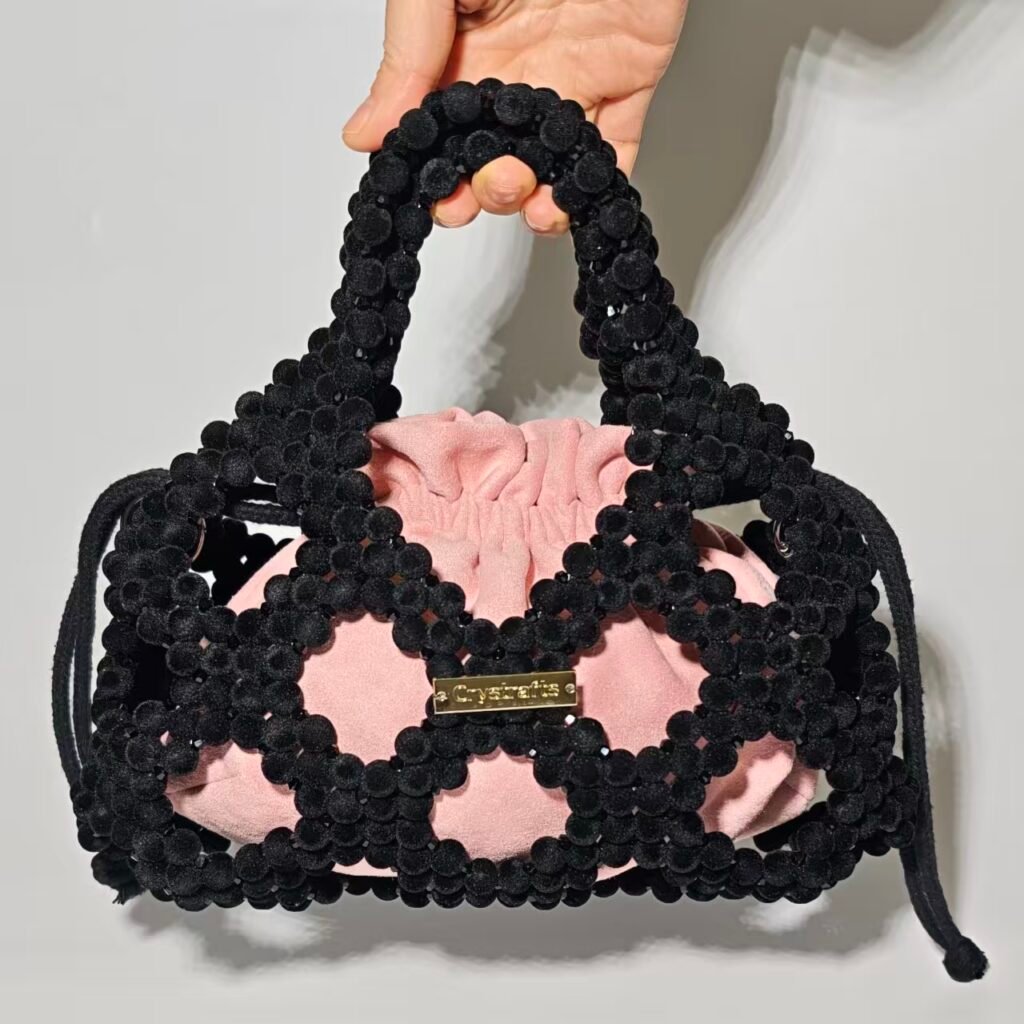 Black Flocked Beaded Net Bag with Velvet Drawstring Pouch