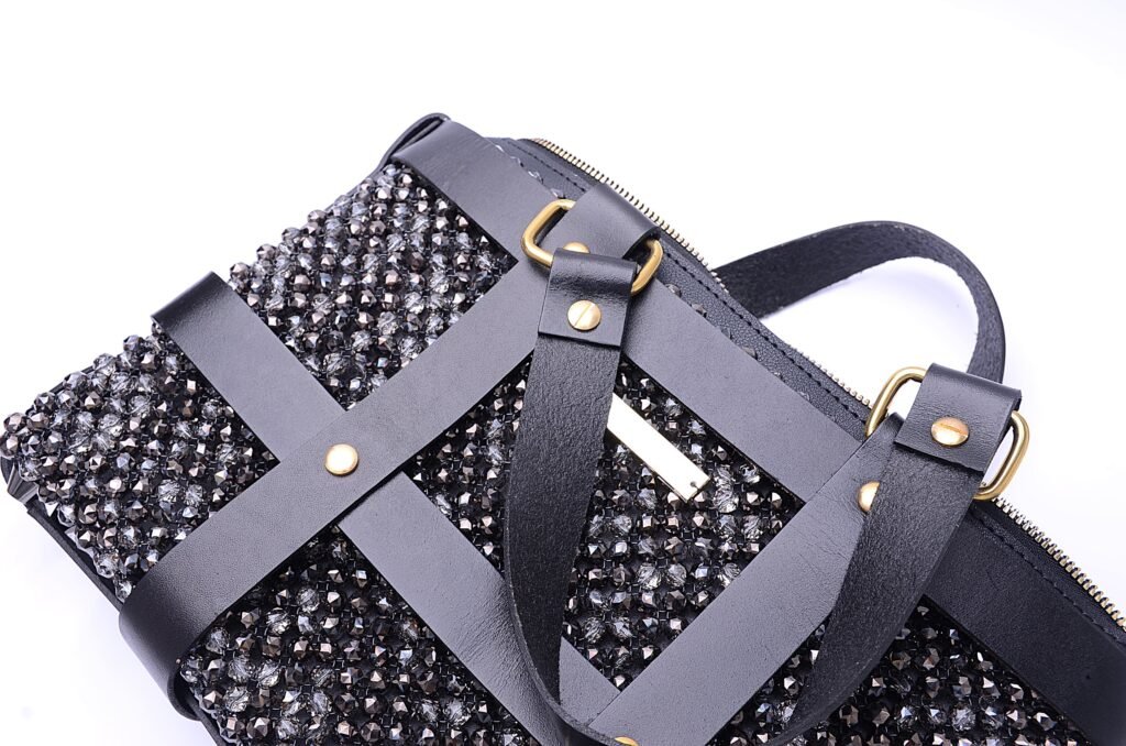 Crystal Beaded Briefcase with Leather Straps and Brass Screws
