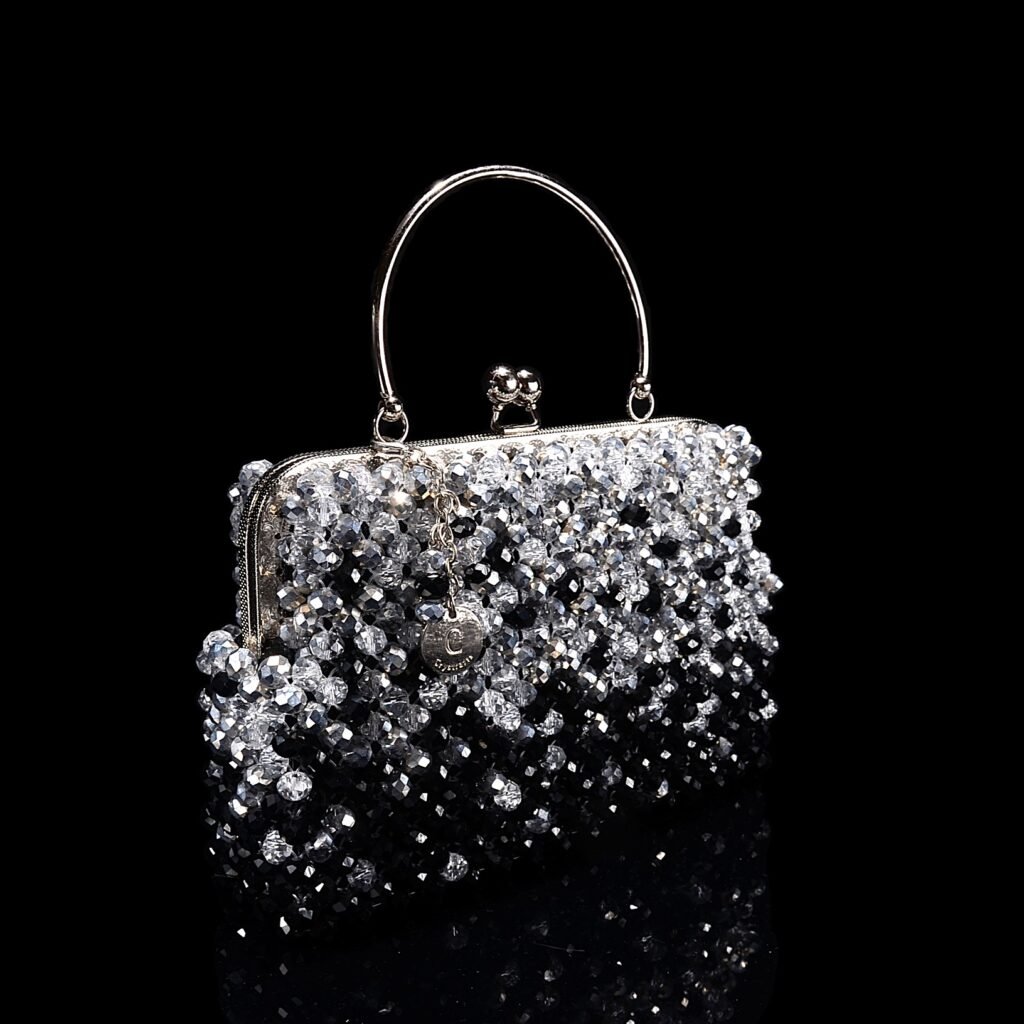 Metal Handle Kiss Lock Bag Side View with 10mm Crystal Beads