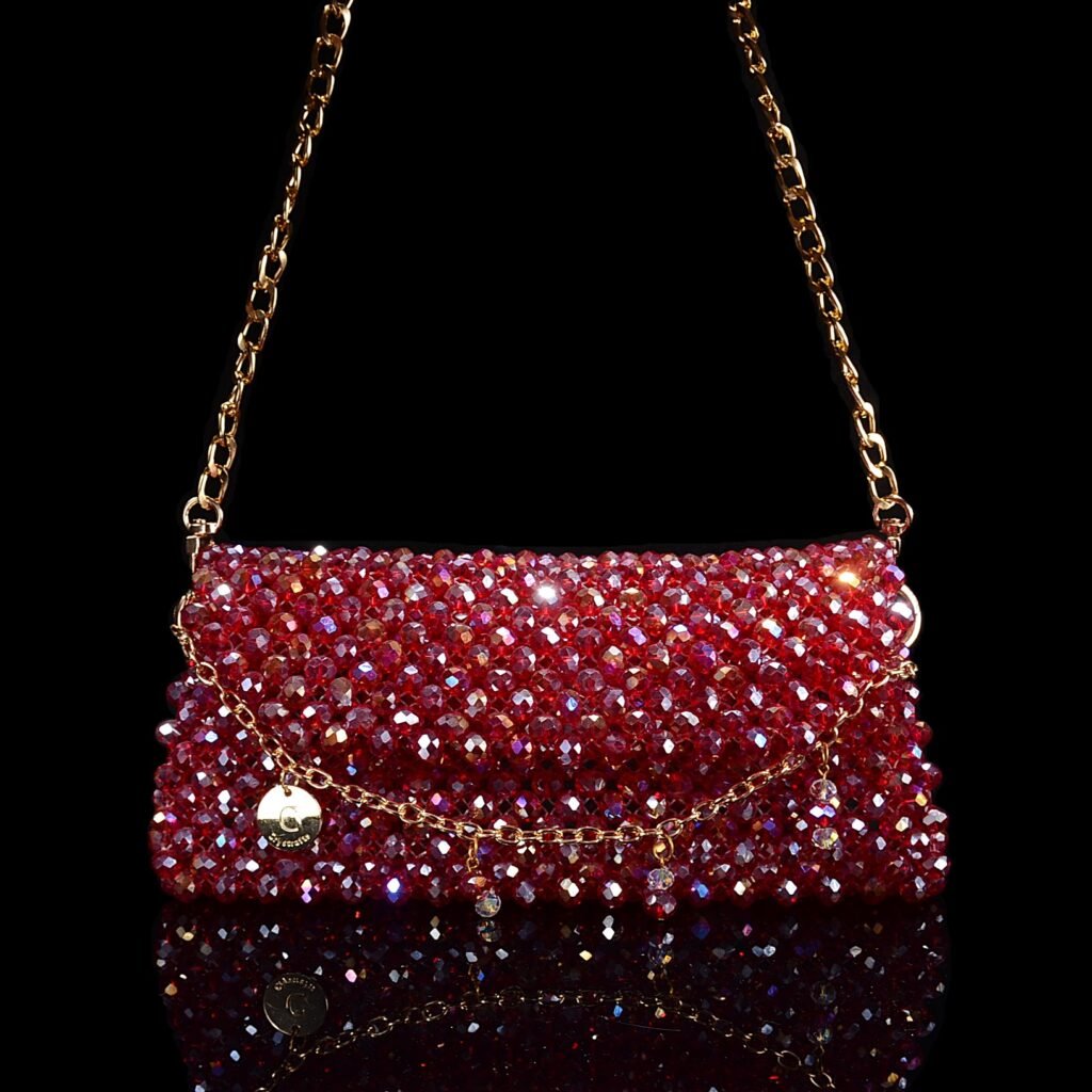 Crystal Beaded Baguette Bag Red Handmade Crystal Purse with Velvet Lining
