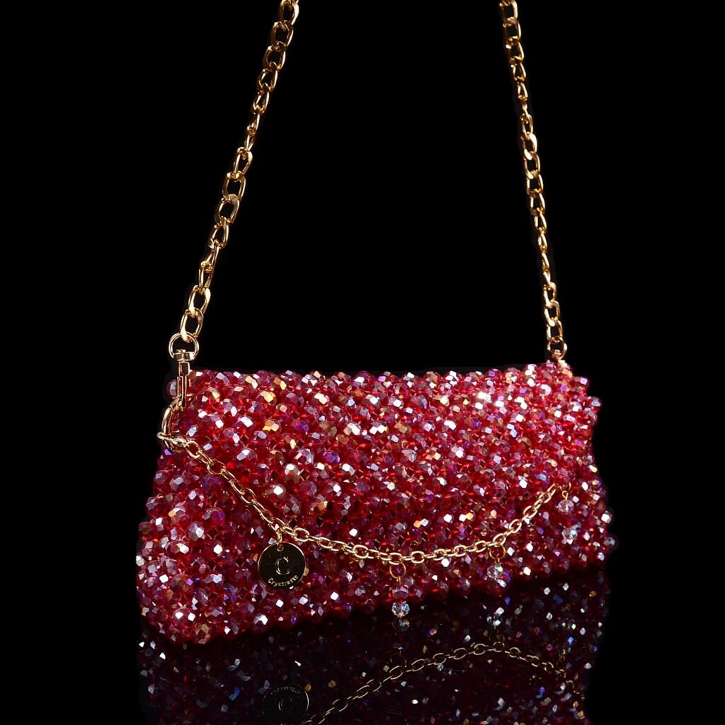 Crystal Beaded Baguette Bag Side View Red Handmade Crystal Shoulder Bag