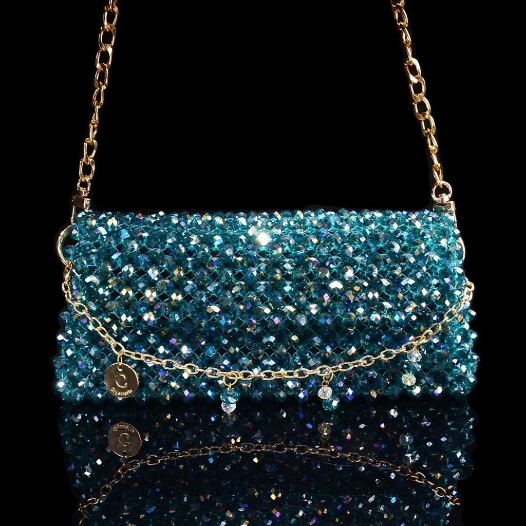 Crystal Beaded Baguette Bag Blue Handmade Crystal Purse with Velvet Lining