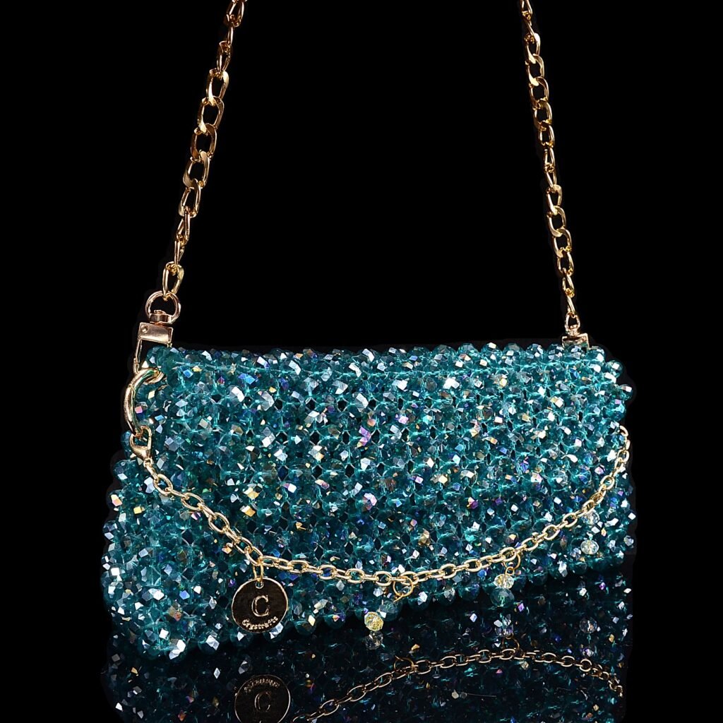 Crystal Beaded Baguette Bag Side View Blue Handmade Crystal Shoulder Bag