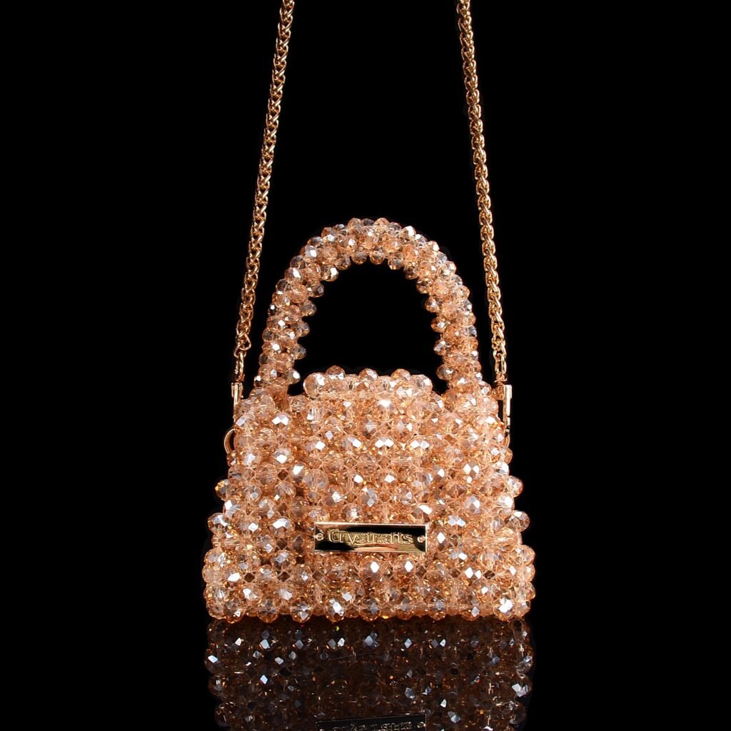 Handmade mini crystal bag in champagne color, small beaded handbag for daily essentials like lipstick, keys, and tissues