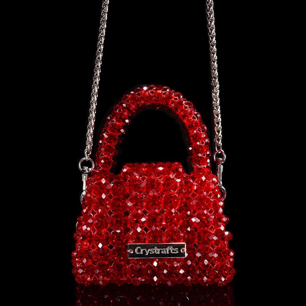 Handmade mini crystal bag in red color, small beaded handbag for carrying lipstick, keys, and tissues