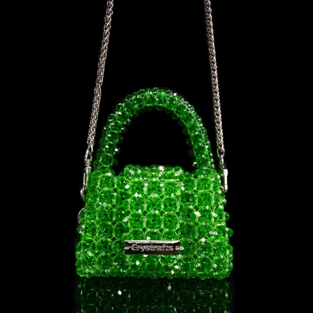 Handmade mini crystal bag in grass green color, small beaded handbag for carrying lipstick, keys, and other essentials