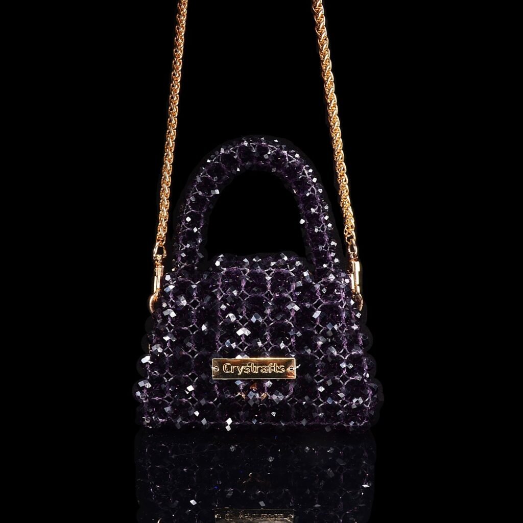 Handmade mini crystal bag in purple color, small beaded handbag for daily essentials like lipstick, keys, and tissues
