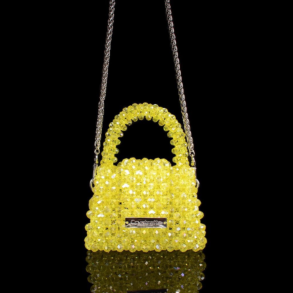 Handmade mini crystal bag in bright yellow color, small beaded handbag for daily essentials like keys and lipstick