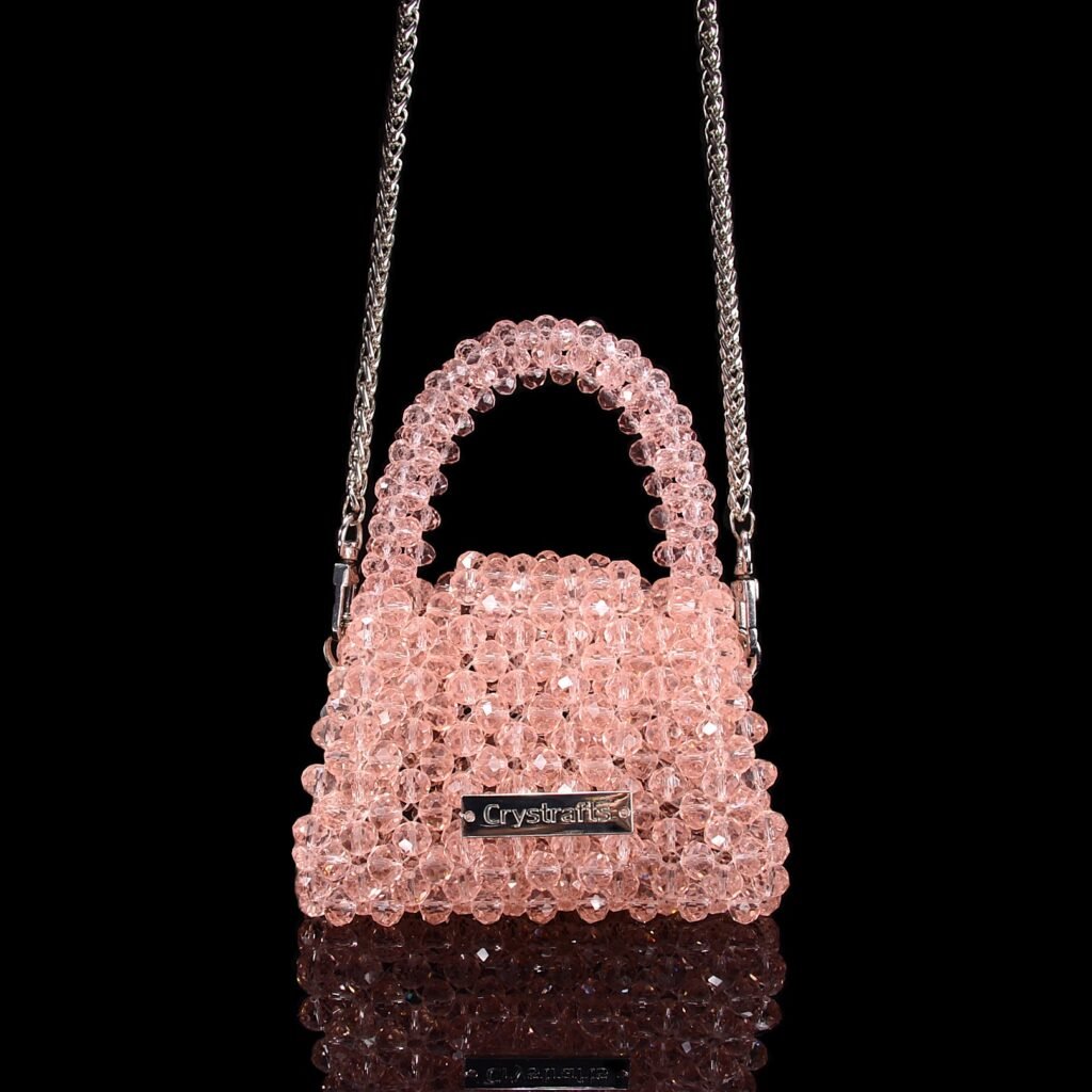 Handmade mini crystal bag in pink color, small beaded handbag for lipstick, keys, and daily essentials