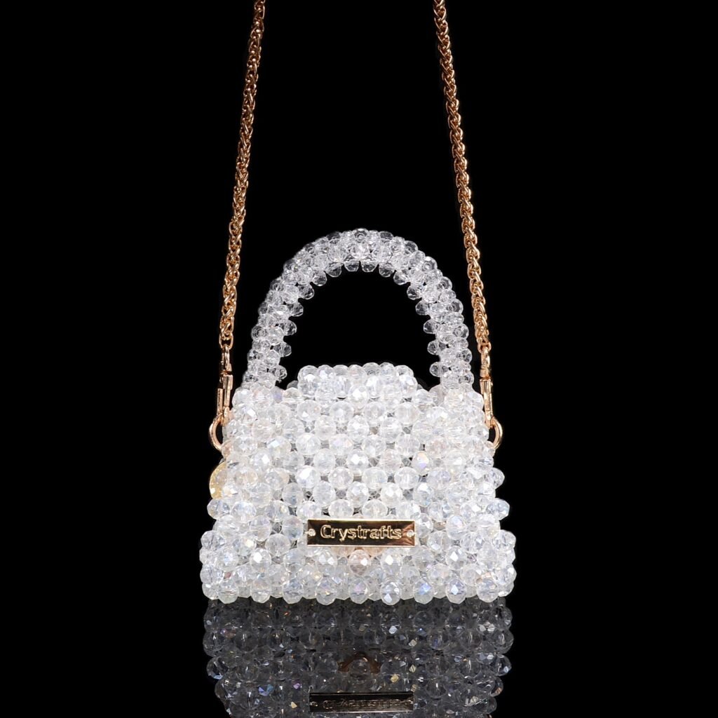 Handmade mini crystal bag in white color, small beaded handbag for daily essentials like lipstick, keys, and tissues
