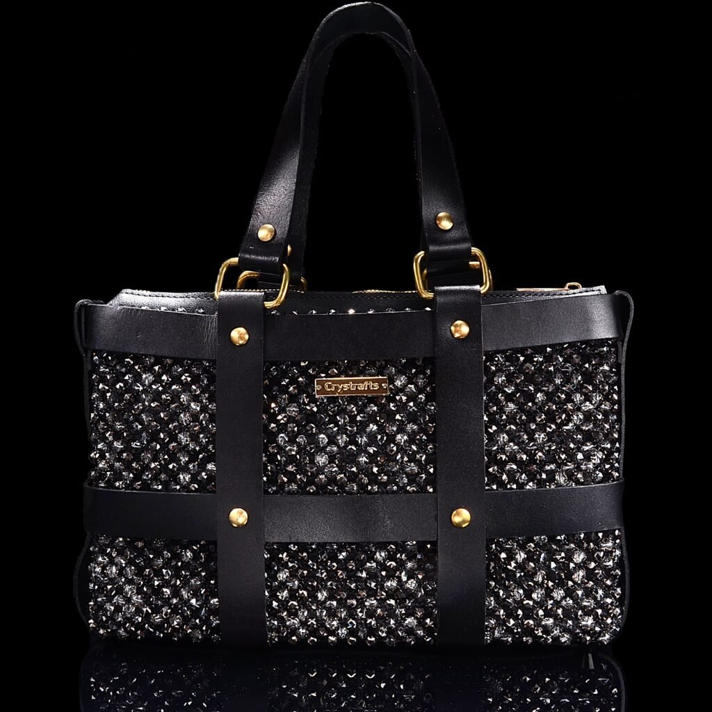 Handmade Crystal Beaded Briefcase with Genuine Leather Straps