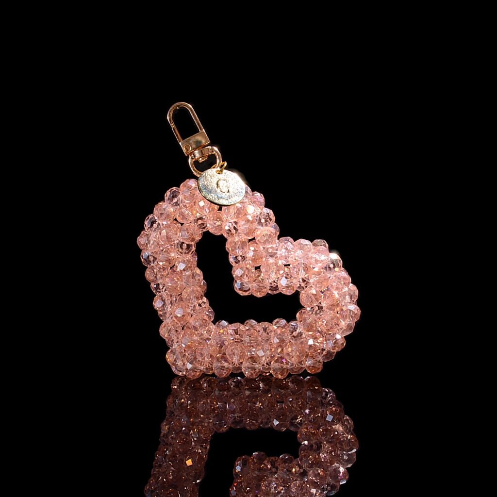 Pink Hollow Heart Charm Handmade Crystal Bead Keychain