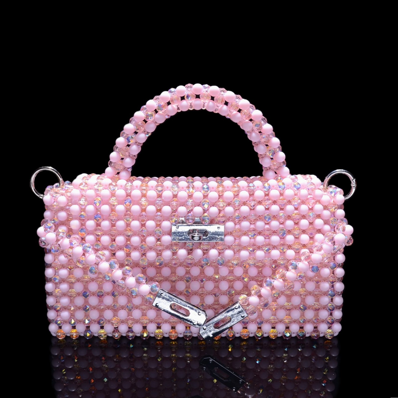 Pink Crystal Beaded Kelly Bag with Open Lock