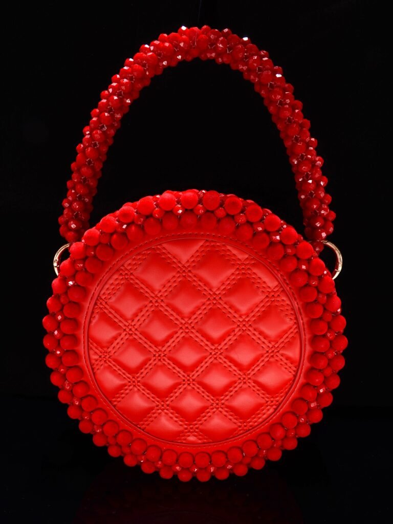 Handmade Beaded Disc Bag in Red with Quilted Leather Panels