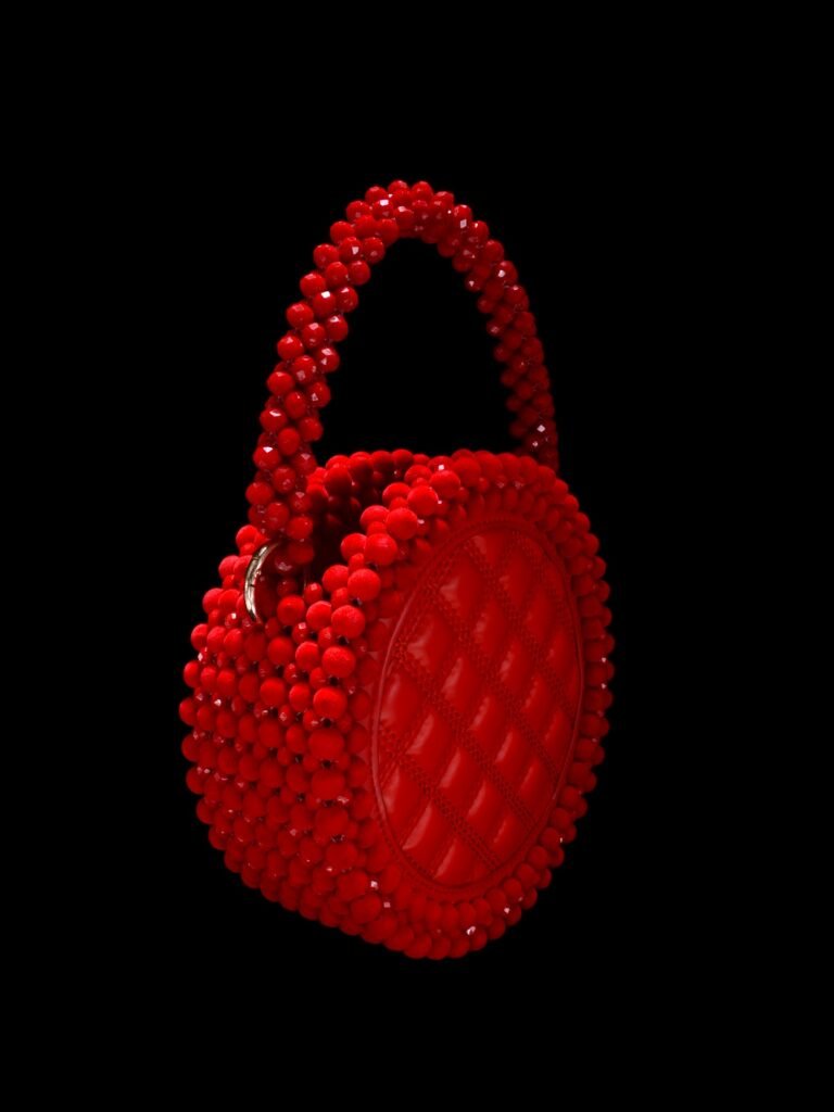 Side View of Handmade Beaded Disc Bag Showing Structured Beaded Construction