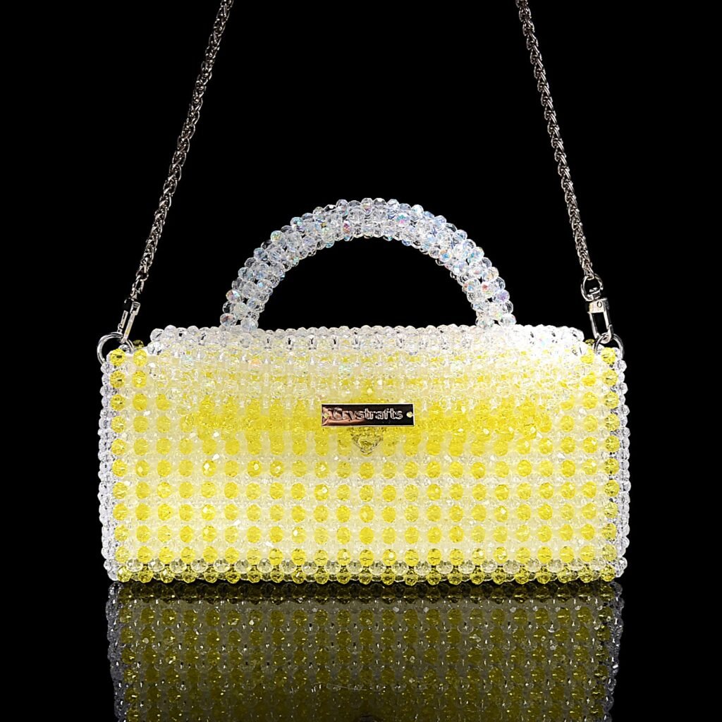 Yellow Crystal Beaded Envelope Handbag with Metal Chain Strap