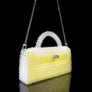 Side of Yellow Crystal Beaded Envelope Handbag with Metal Chain Strap