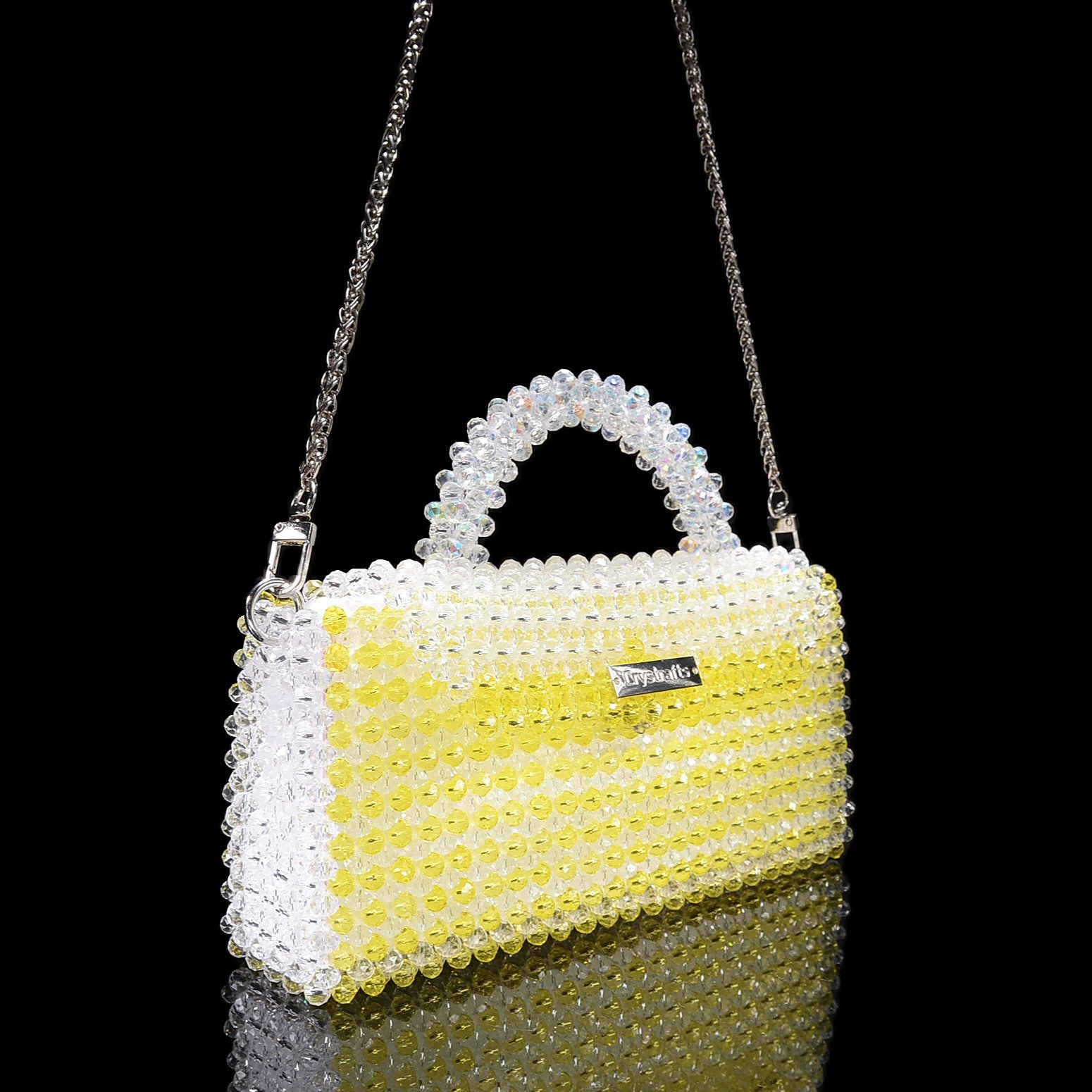 Side of Yellow Crystal Beaded Envelope Handbag with Metal Chain Strap