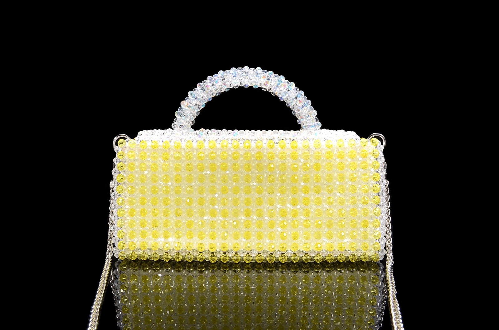 Back of Yellow Crystal Beaded Envelope Handbag with Metal Chain Strap