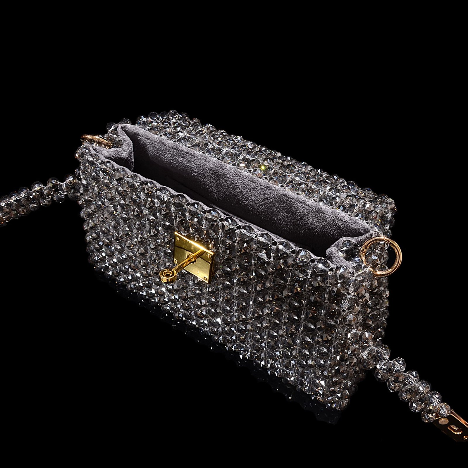 Gray Crystal Beaded Kelly Bag Velvet Interior