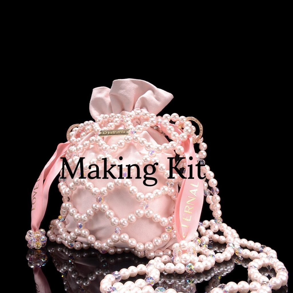 DIY Crystal Beaded Net Bag Kit with glass pearl beads and floral crystal accent beads