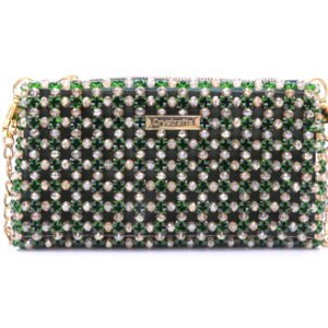 Handmade green crystal zipper bag with 8mm main beads and 4mm green accent beads, spacious mini handbag for daily essentials like phone and keys