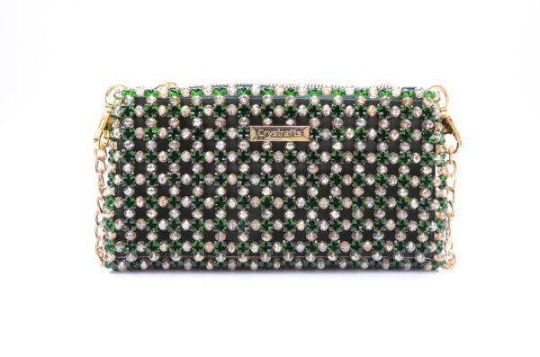 Handmade green crystal zipper bag with 8mm main beads and 4mm green accent beads, spacious mini handbag for daily essentials like phone and keys
