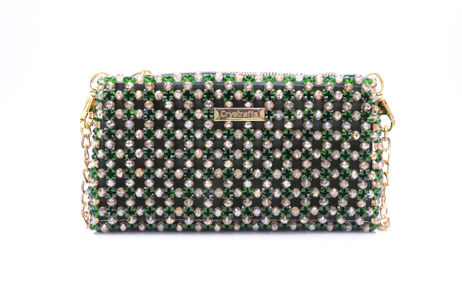 Handmade green crystal zipper bag with 8mm main beads and 4mm green accent beads, spacious mini handbag for daily essentials like phone and keys
