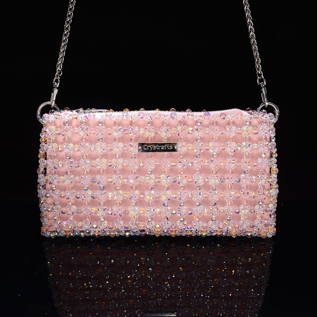 Handmade pink crystal zipper bag with 8mm AB main beads and 4mm white AB accent beads, spacious mini handbag for daily essentials like phone and keys